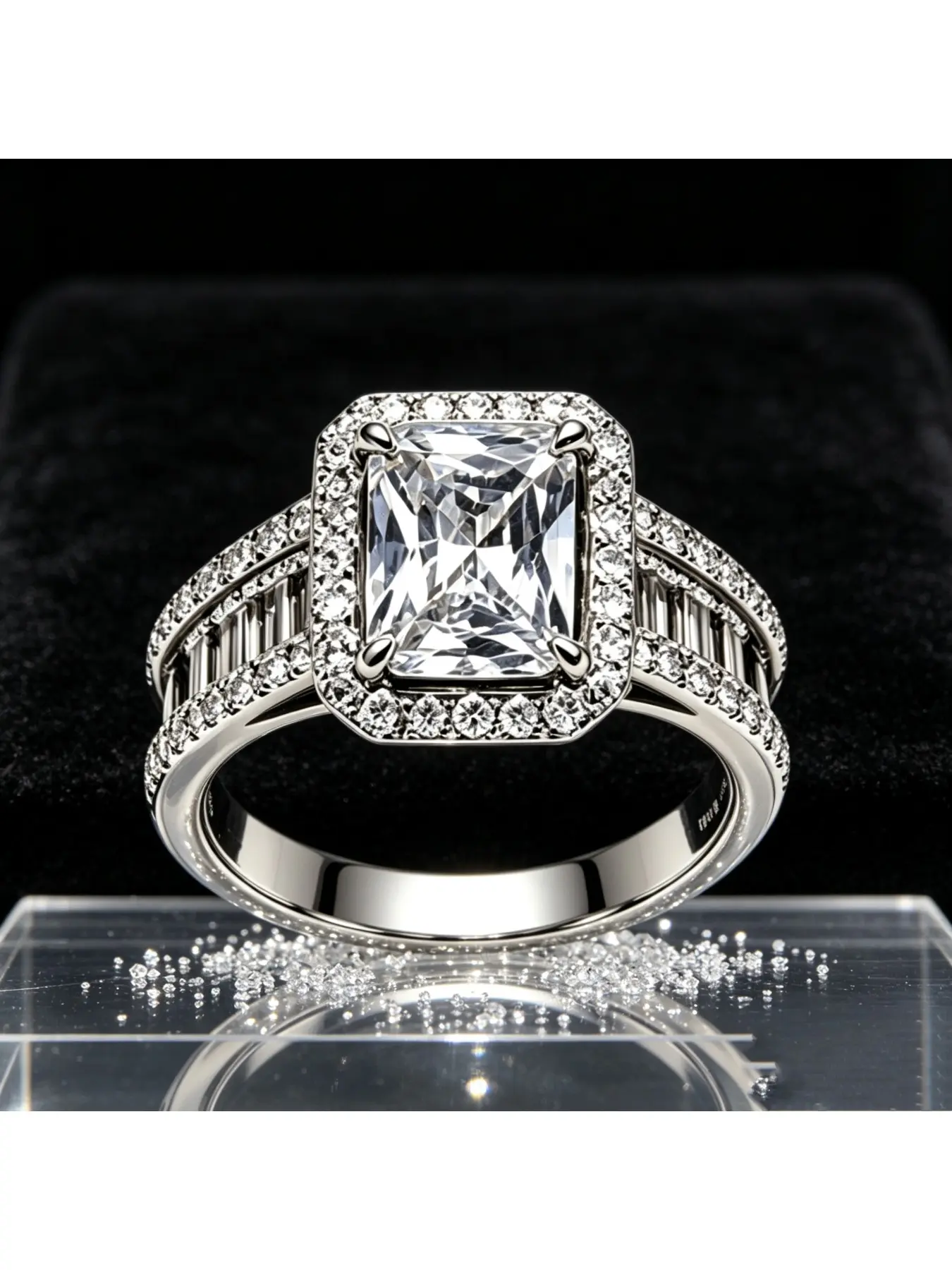 Radiant Cut Double Halo Baguette Paved Diamond Engagement Ring, Bridal Ring, Gift for Women, Wide Shiny Band for Everyday Wear, Luxurious Jewelry for Valentine Christmas Mother’s Day Proposal Wedding Banquets