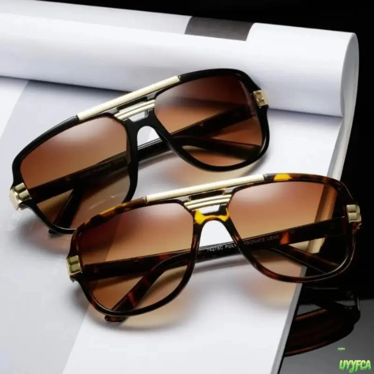 Unisex Retro Aviator Sunglasses - Gold Metal Trim Large PC Frame, Lightweight Build, Gradient Brown Lenses, Vintage Statement Accessory for Daily Outing, Driving (Aviator Shape, Retro Look, Gradient Lens)