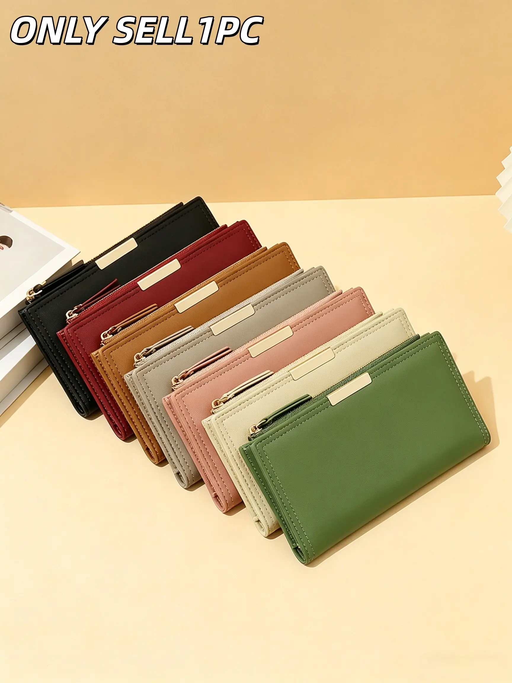 1PC Elegant Slim Long Leather Clutch Card Holder Wallet for Women, Multiple Card Slots & ID Window, Zipper Coin Pocket, Large Cash Storage, Multiple Gentle Shades Available, Wallets Women