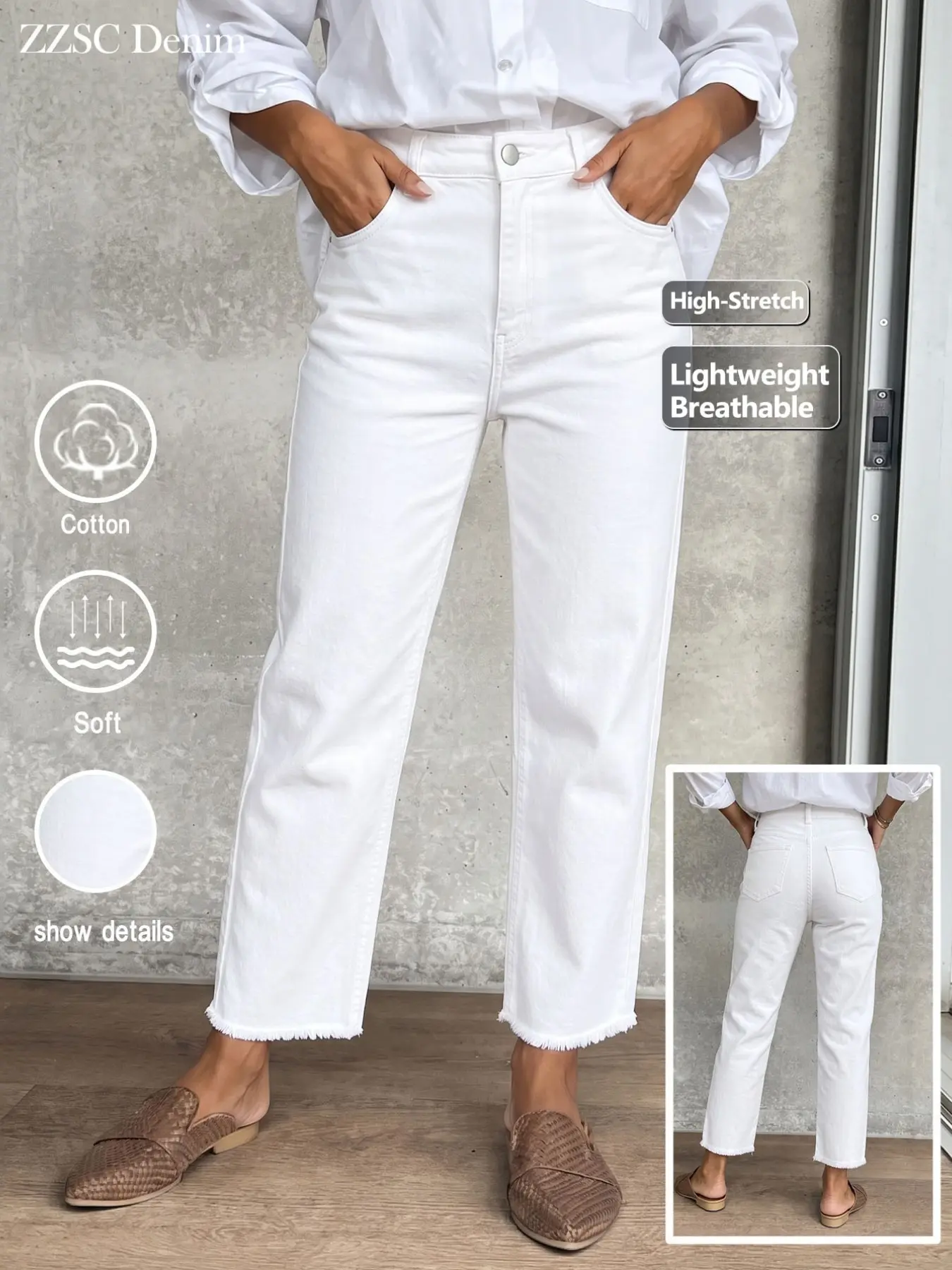 Women's High-Waisted Nine-Inch Straight Leg Jeans, Stretchy Lightweight Breathable Frayed Hem, Versatile Casual Denim Jeans