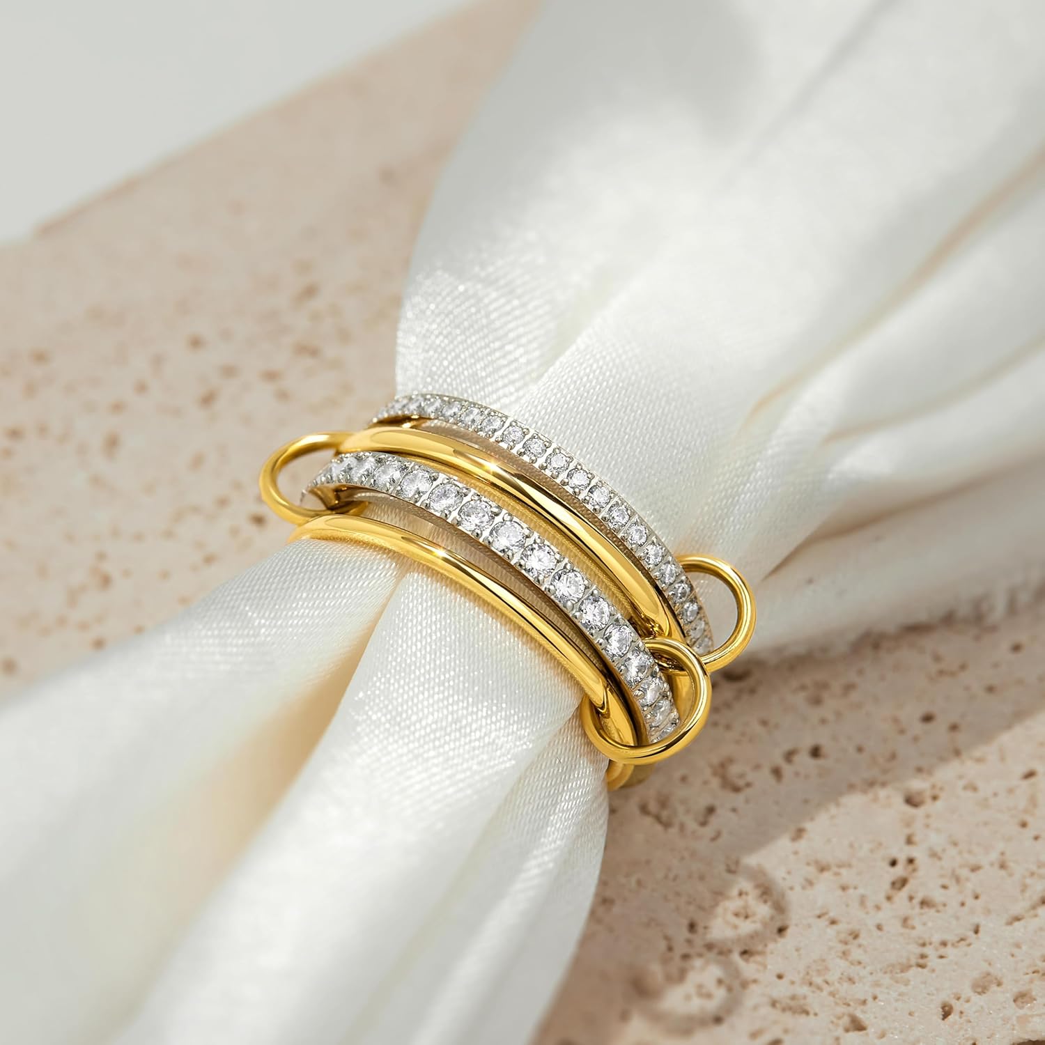 Stackable Gold Silver Band Rings for Women, Statement Chunky Cubic Zirconia Rings, Fashion Unique Designer Mixed Metal Jewelry Size 5/6/7/8/9/10/11