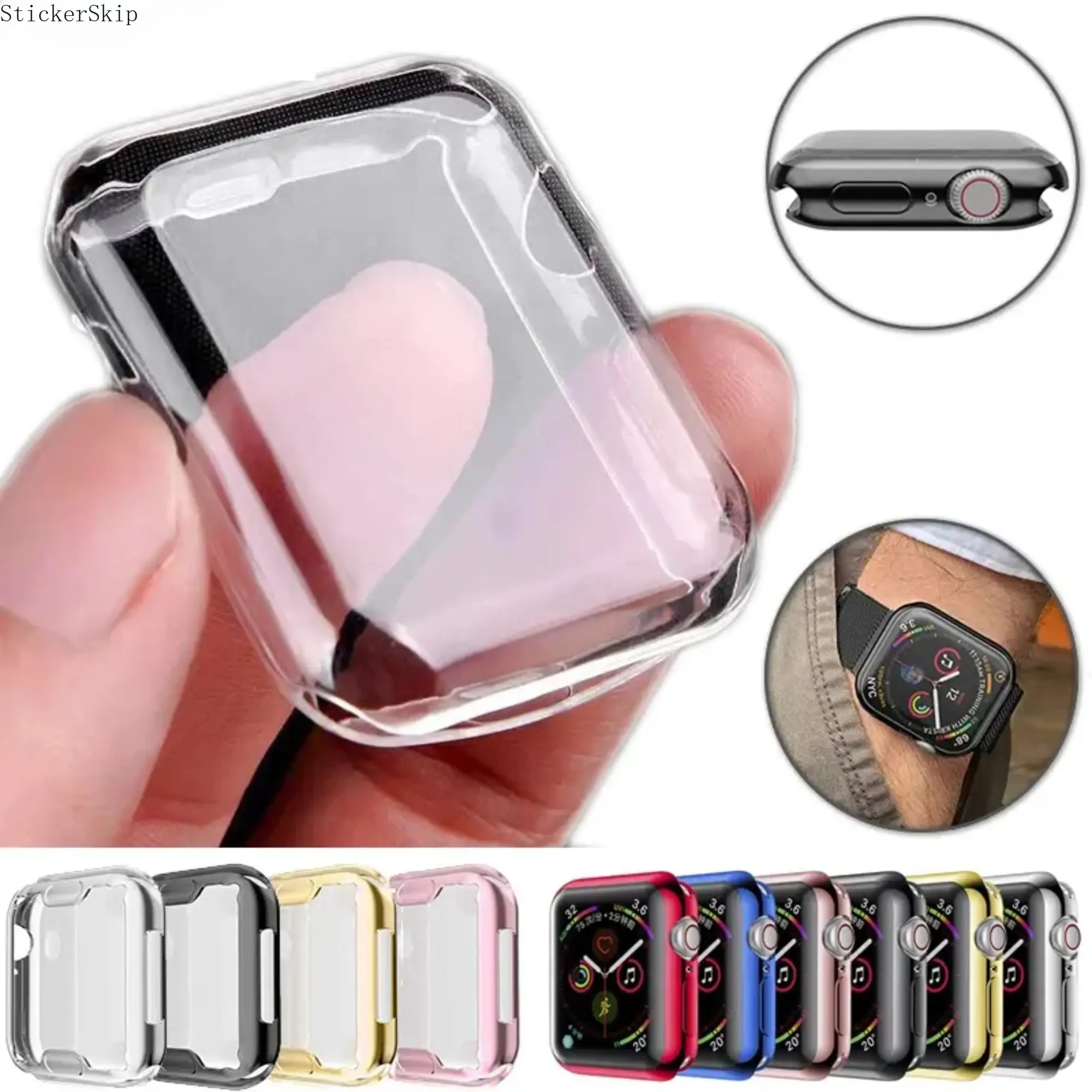 Soft Clear TPU Apple Watch Case with Built-in Screen Protector, Full Coverage Transparent Shockproof Anti-Scratch Bumper Cover Compatible with Ultra, Series 3-9 SE, 38/40/41/42/44/45/49mm, Daily Wear Protective Accessory (No Watch)