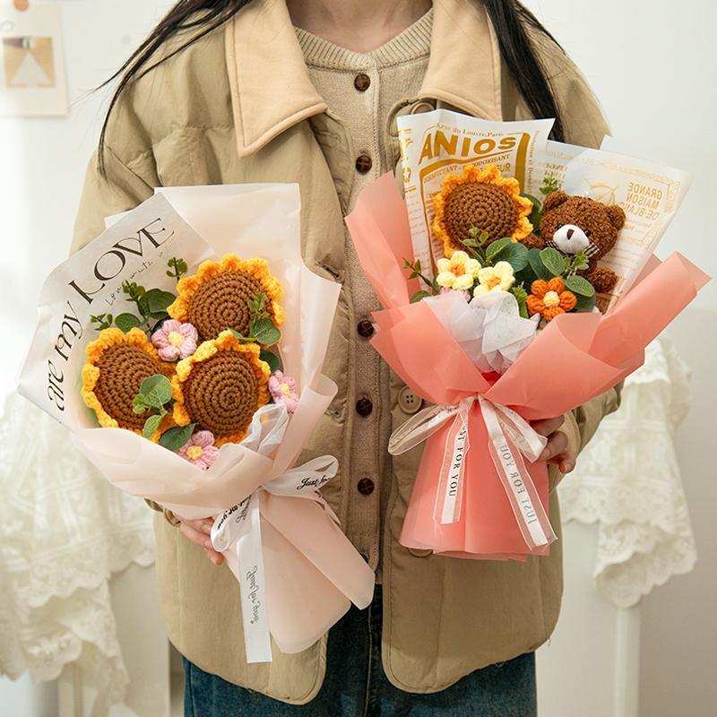 Crochet Flowers Graduation Flower Bouquet Eternal Flower Wedding Guests Gift Woven Sunflower Mother's Day Gifts