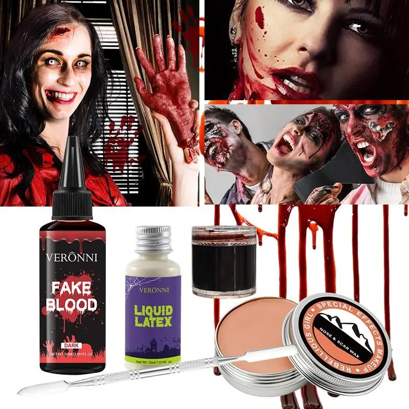 Veronni Halloween Sfx Makeup Kit, 5pcs Set for Realistic Wounds, Blood Plasma, Liquid Latex, Skin Wax, Stainless Steel Sculpting Tool