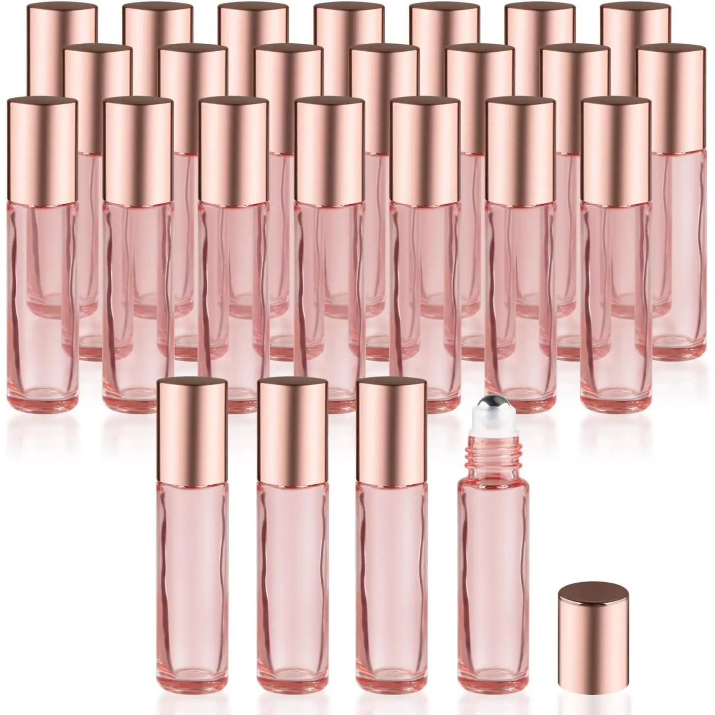 25 Pcs 0.34oz/10ml Essential Oil Roller Bottles Glass Roller Bottles Empty Cosmetic Vials Containers with Stainless Steel Roller Balls for Travel - Rose Gold Lid