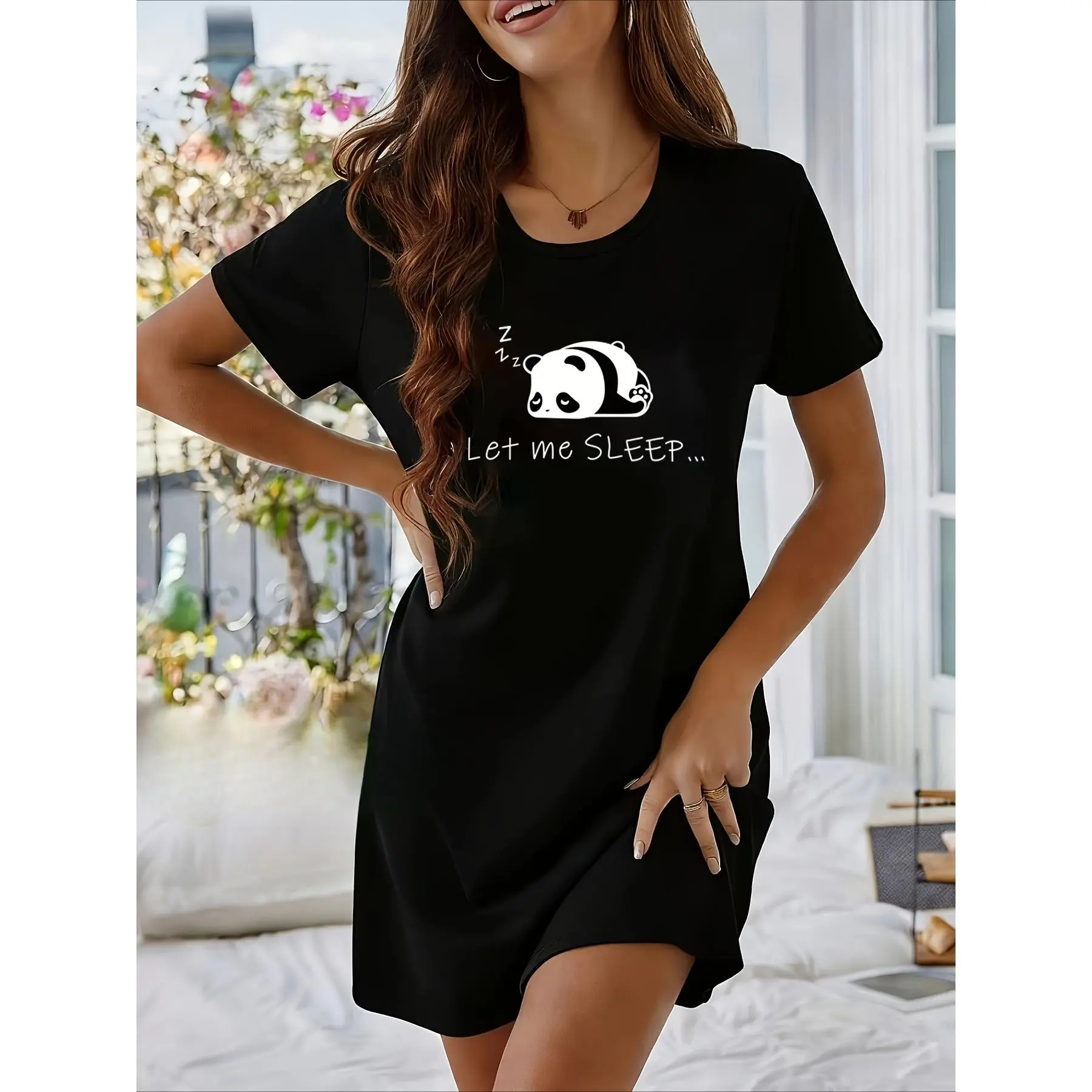 Women's Short-Sleeve T-Shirt Sleep Dress with Sleeping Panda Print