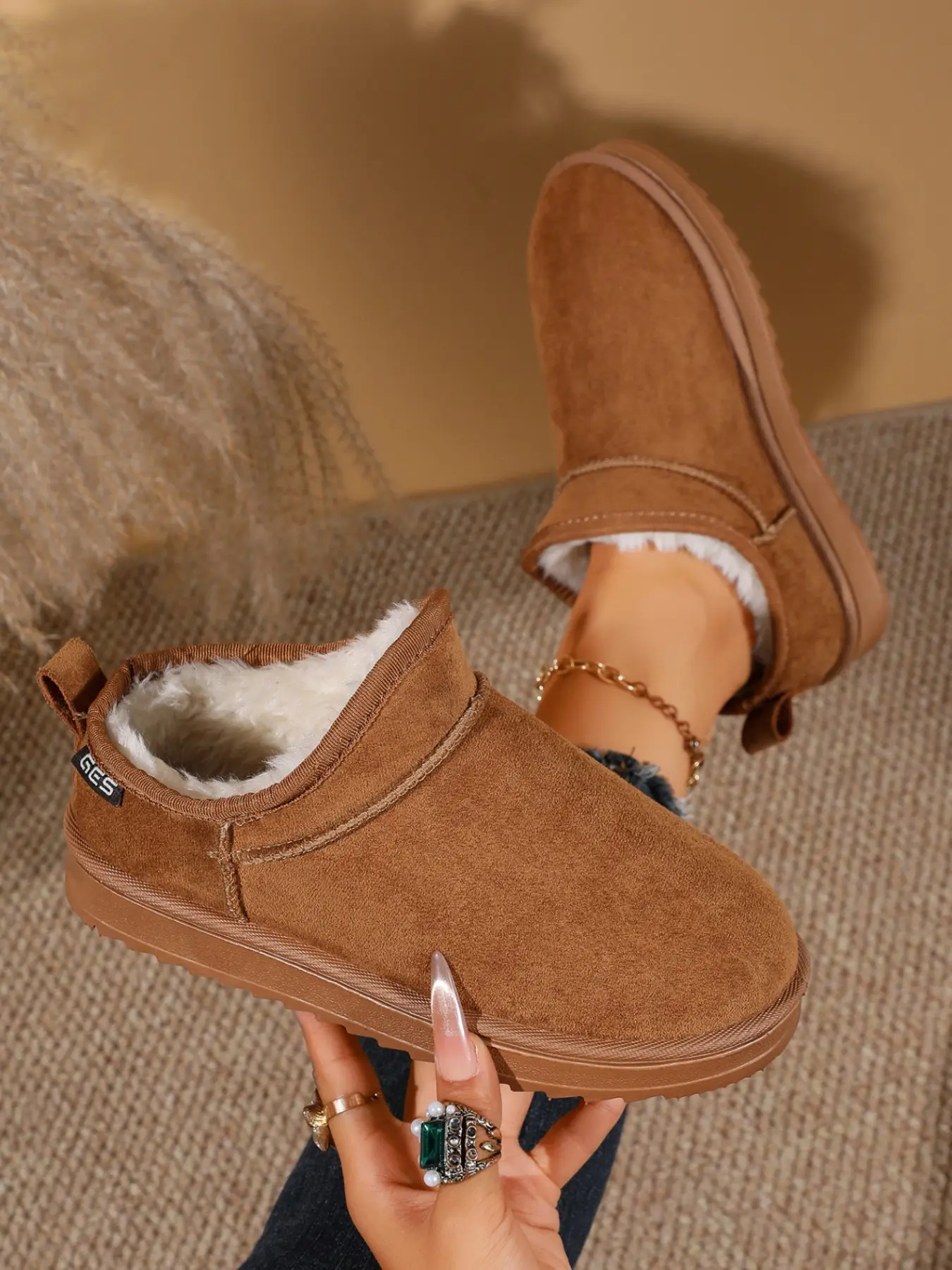 Women's Low Top Snow Boots, Simple Style Faux Fur Lined Thick Sole Anti-Slip, Fall Winter Home Outdoor Lazy Cotton Shoes