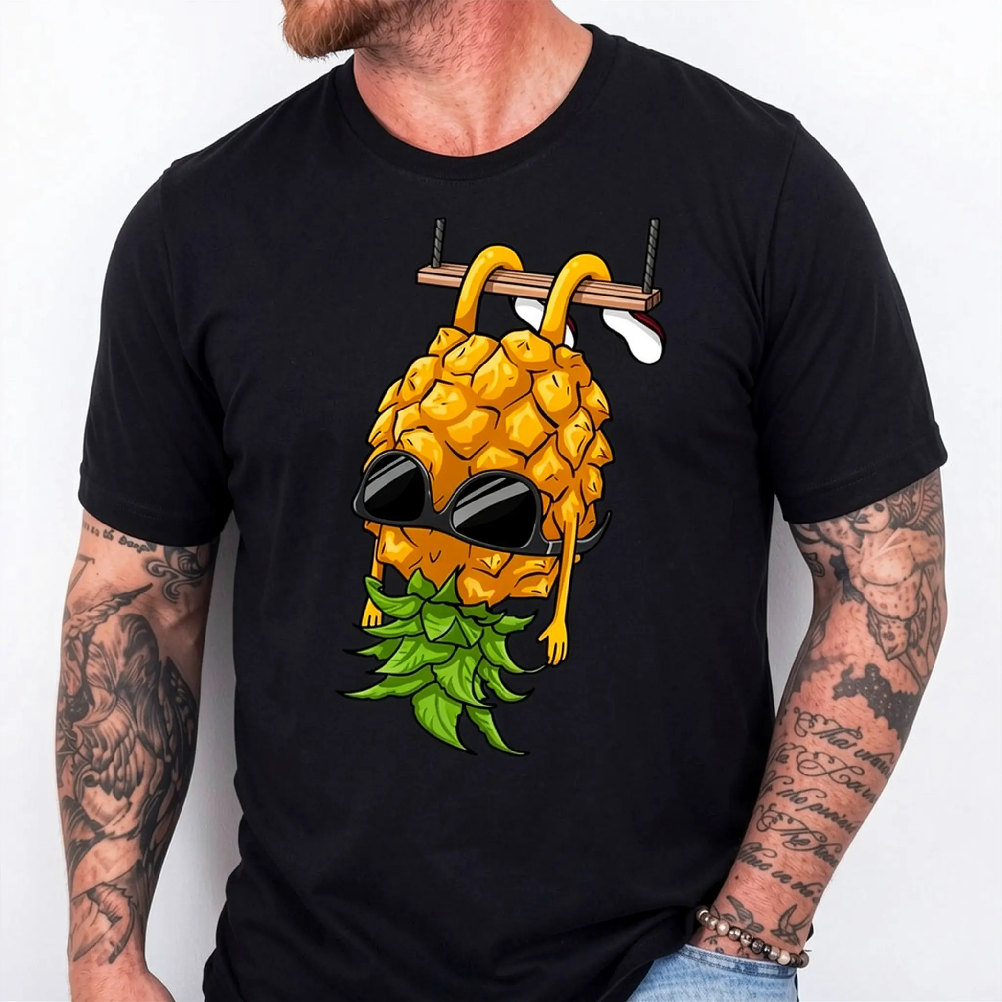 100%cotton Swinging Pineapple Cartoon Swinger Upside Down Pineapple T-Shirt