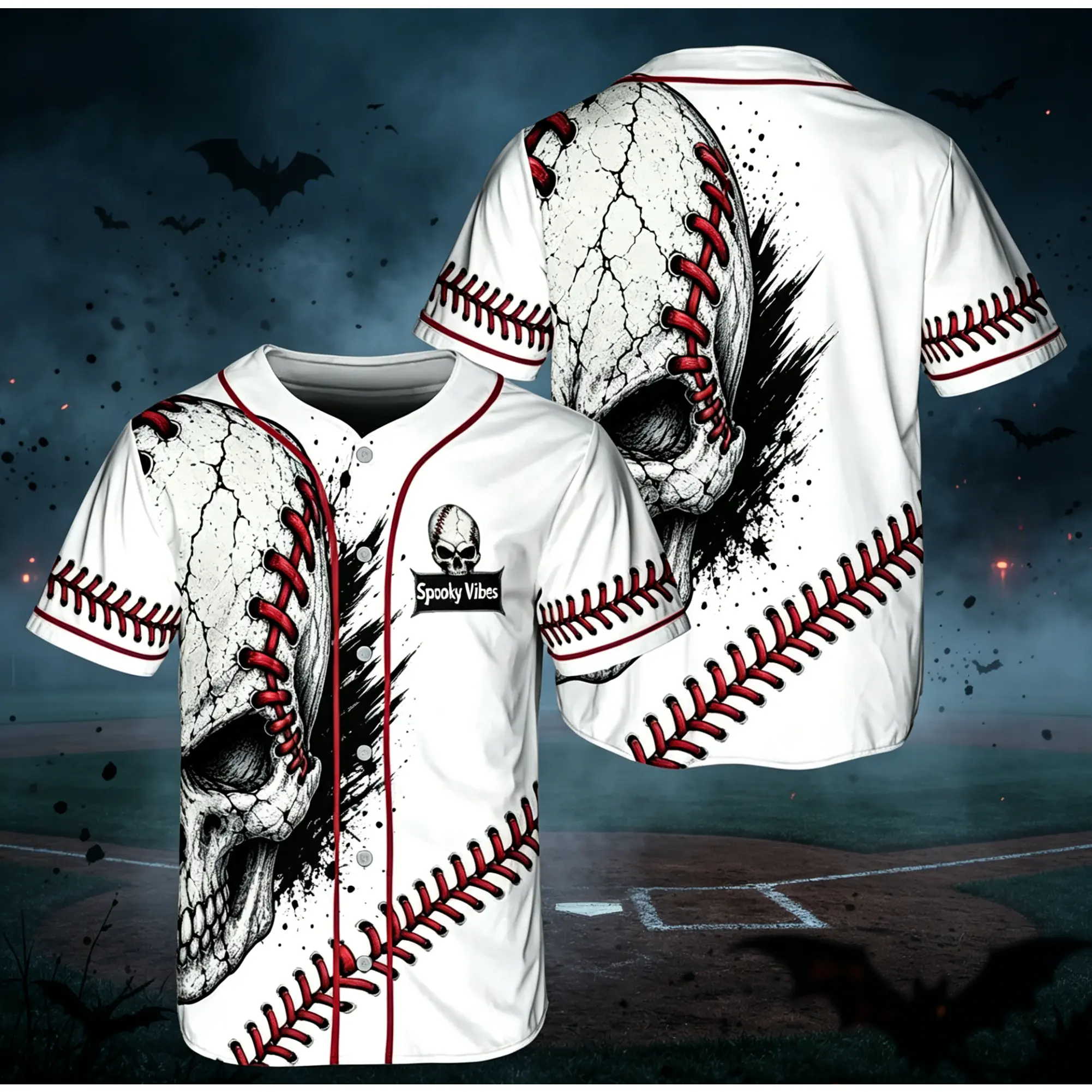 Unisex Spooky Vibes Baseball Jersey, Skull Baseball Stitch Full Print Short Sleeve Button Down Shirt,Loose Casual Short Sleeve Jersey For Halloween Party, Sports Daily Outfit # SpookyVibesShirt # SkullBaseballPrint # Halloween Sports Outfit