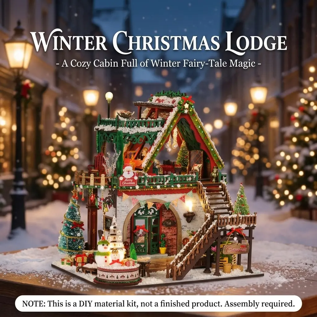 DIY Book Nook Kit, Snowy Christmas Lodge 3D Wooden Puzzle, Miniature House Bookshelf Decor with LED, Winter Cabin Desk Ornament Adult Craft