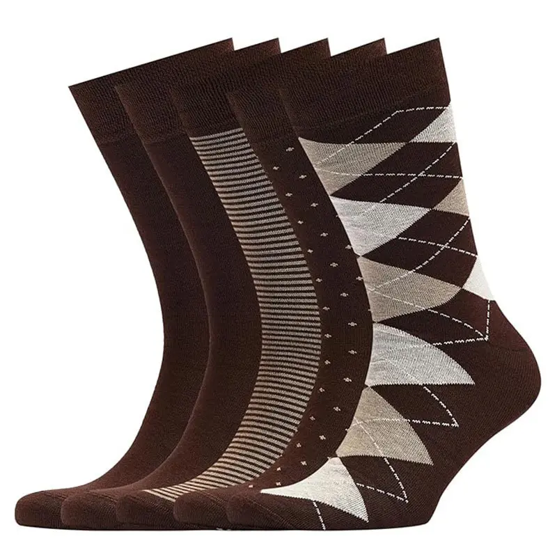3 Pairs Men's Dress Socks, Business Crew Socks with Argyle Stripe Dot Patterns, Soft Stretchy Breathable Mid-Calf Socks for Office Work Wedding, Classic Brown Formal Socks Gift Pack