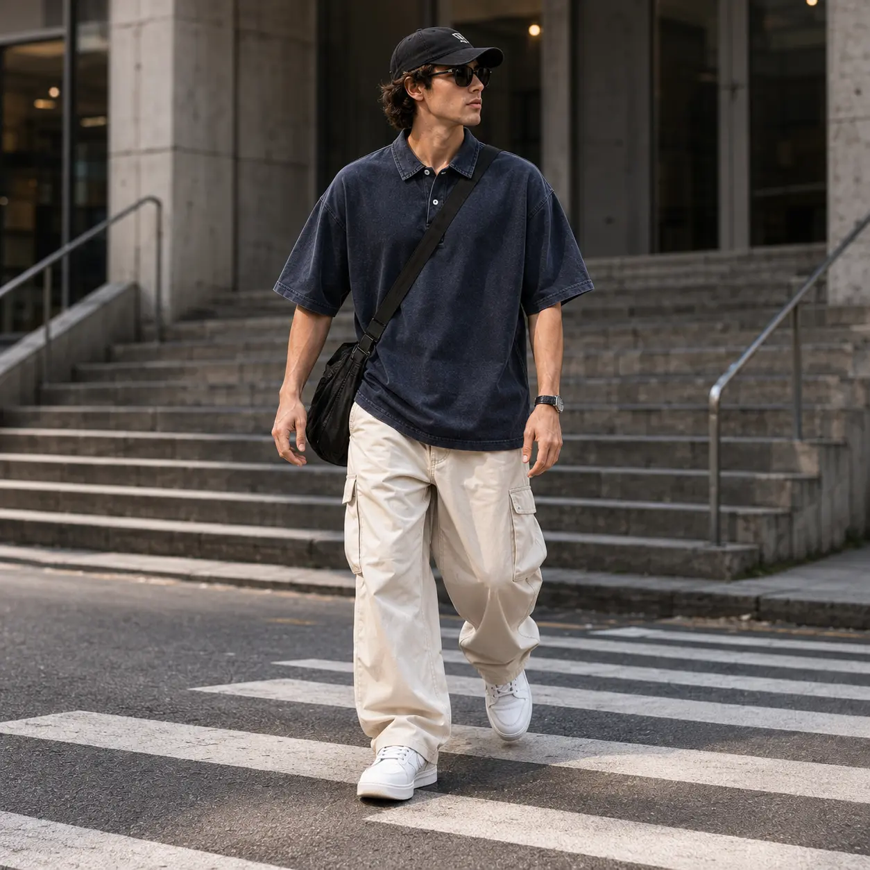 Men’s Vintage Wash Polo Shirt, Oversized Drop Shoulder Short Sleeve Top for Streetwear, Travel and Everyday Casual Looks
