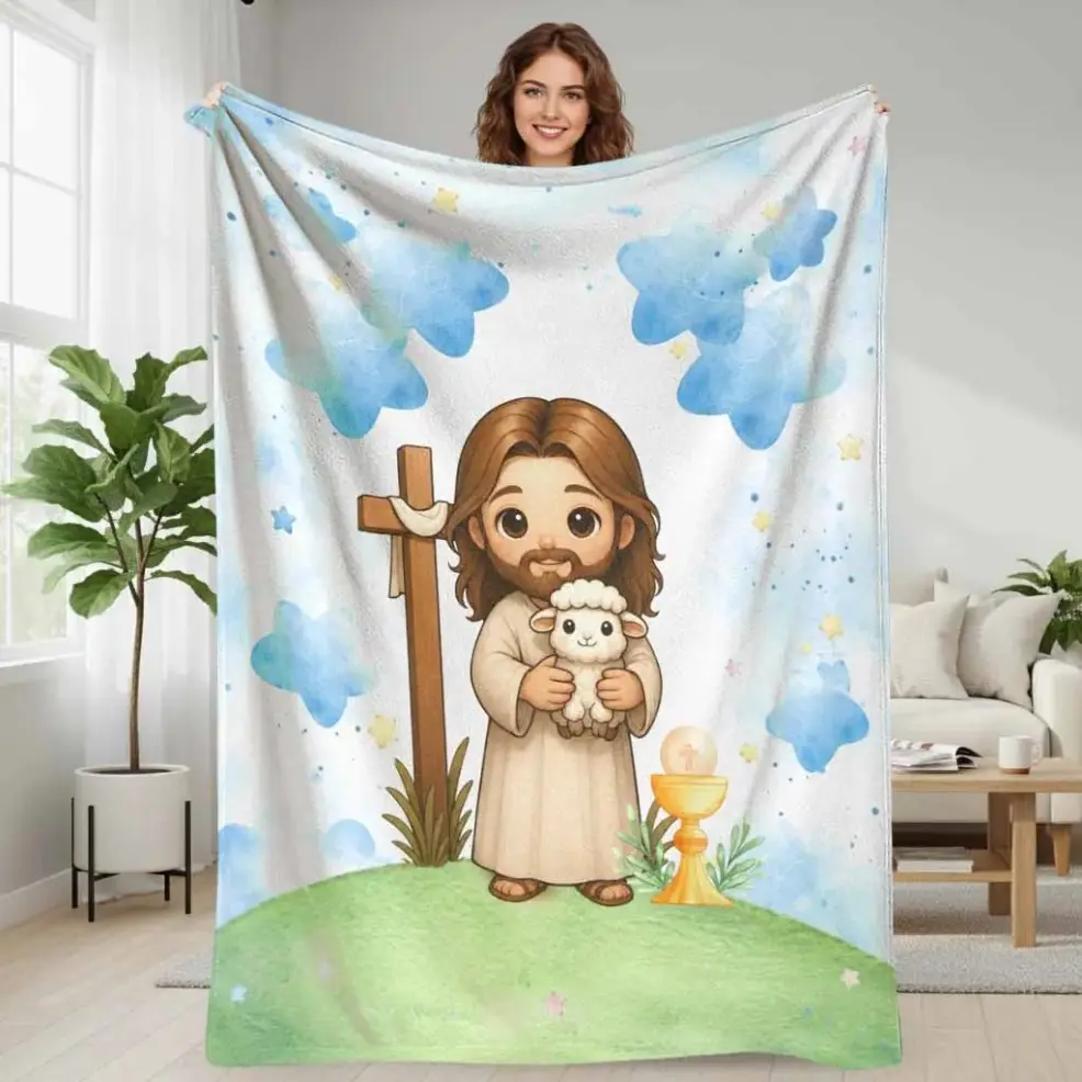 Jesus Lamb Cross Flannel Blanket, Christian Faith Watercolor Star Print, Soft Cozy Lightweight Warm Plush Throw for Adults & Baby, Suitable for Sofa, Bedroom, Prayer Room & Church, Great for Lounge, Travel, Camping, Ideal Easter & Baptism Holiday Gift, On