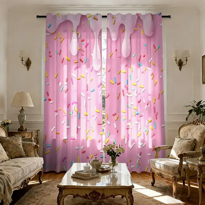 2pcs Ice Cream Drizzle Sprinkles Print Sheer Curtains, Polyester Semi Transparent, Rod Pocket, Fade Resistant, Bedroom Living Room Decor
