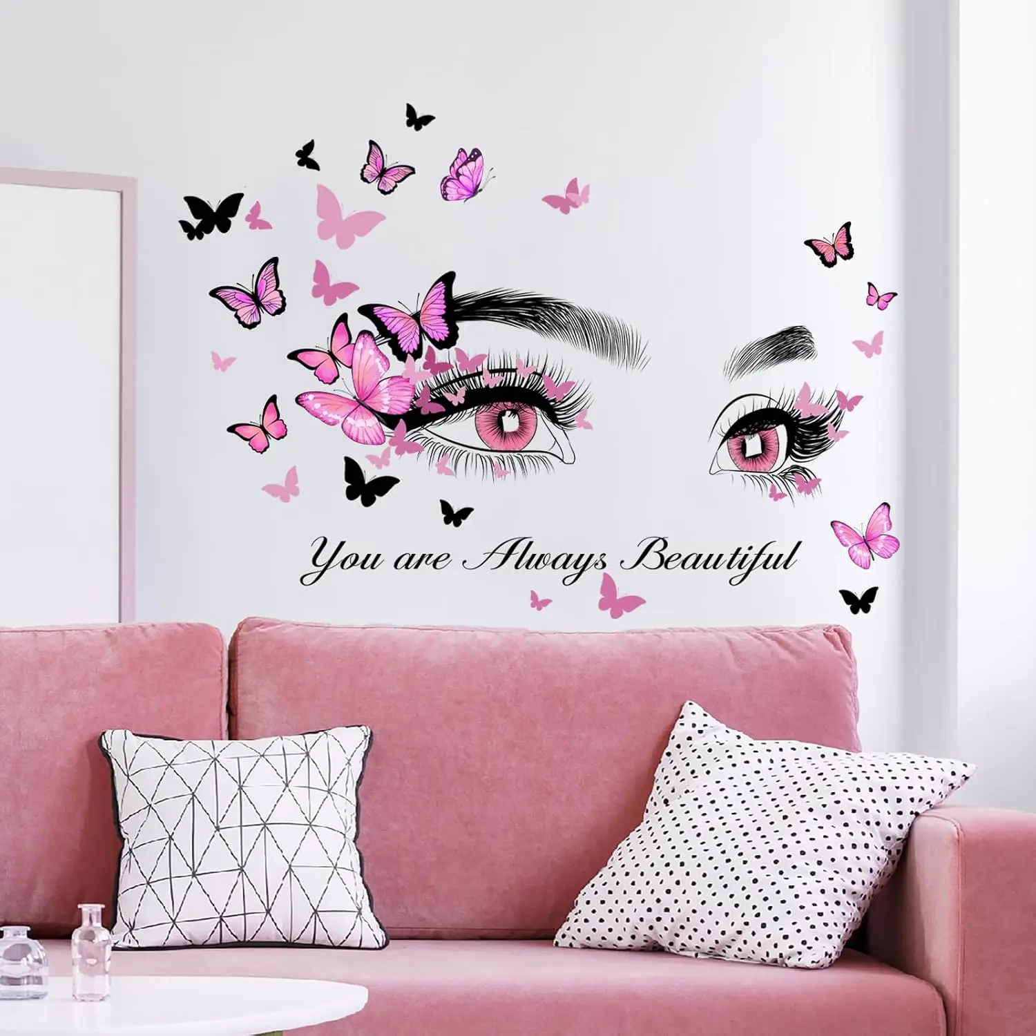 Beautiful Eyelash Eyes Wall Stickers Flying Butterfly Wall  You are Always Beautiful Quotes Wall-Decor Vinyl Art Butterflies Decor Stickers for Women Girls Bedroom Living Room Decor