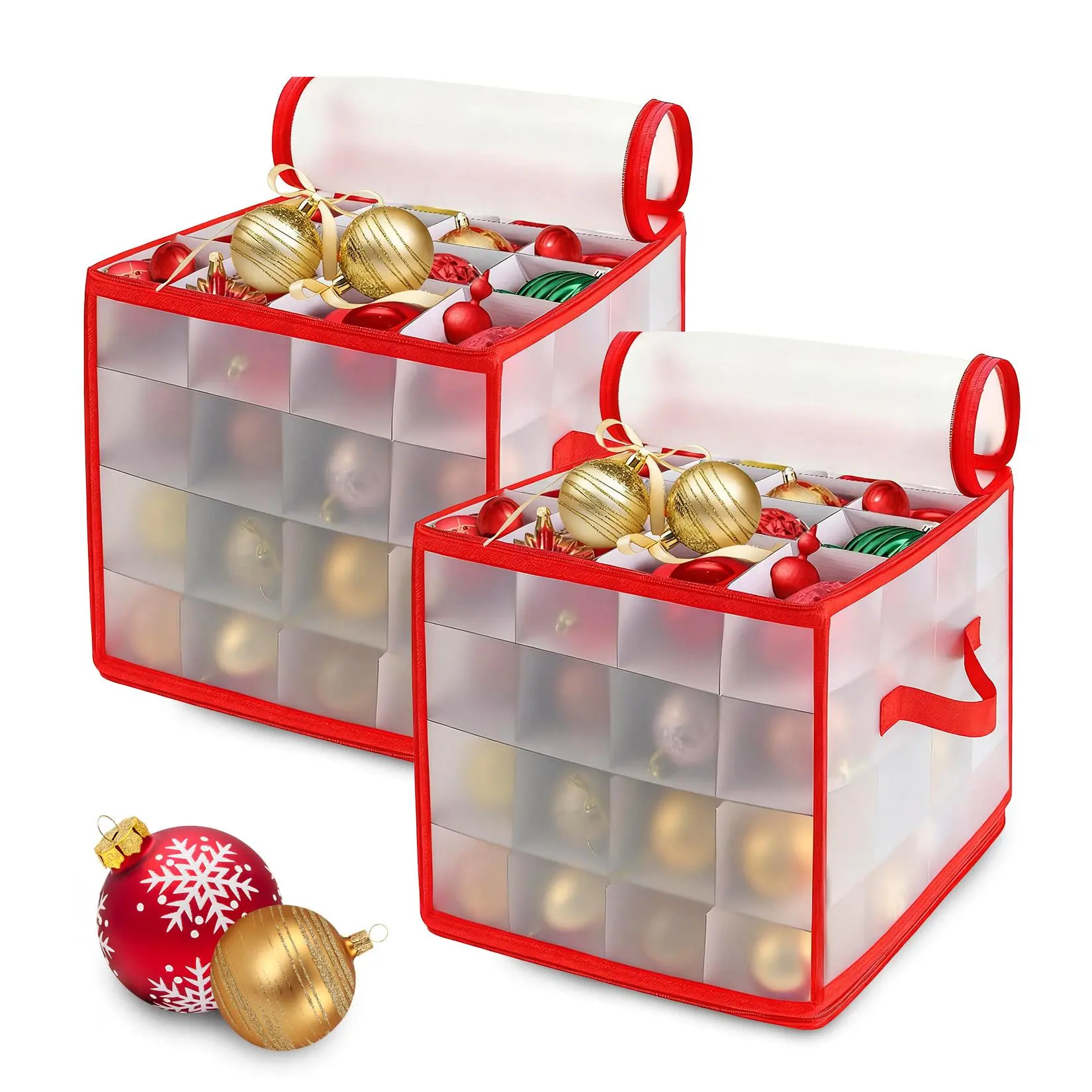 2 Pack Christmas Ornament Storage Boxes, 128 Slots Total. PP Plastic Shell, Reinforced Dividers. Stackable, Clear Window, Foldable. For Baubles, Decorations. Space Saving Organizer. Red Holiday Storage