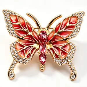 Bohemian Red Enamel Butterfly Brooch Crystal Vintage Insect Pin Suitable for Clothes Gift
