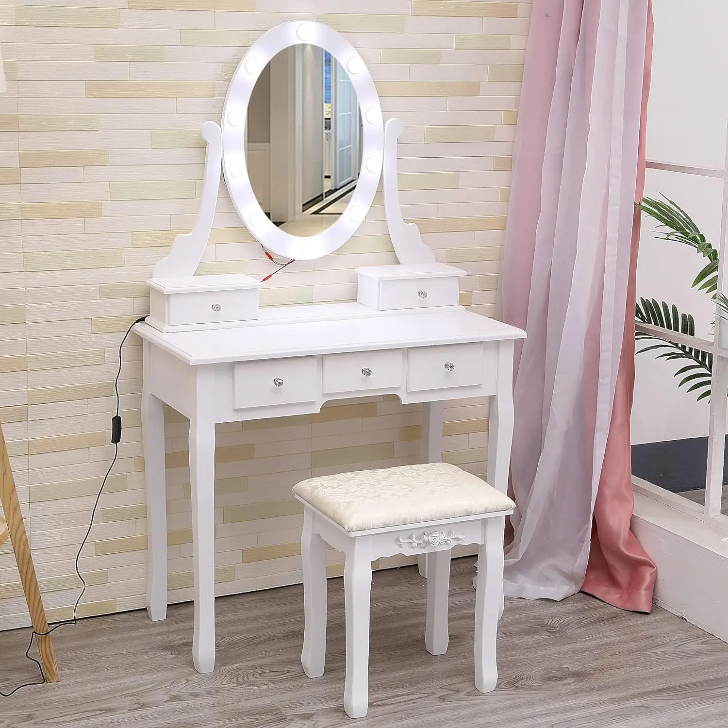 Christmas DealGARVEE Vanity Desk with Mirror & Lights: Modern Makeup Table with Oval Lighted Mirror, Stool, 3 Lighting Modes, 5 Drawers, Ideal for Women, Available in White & Black
