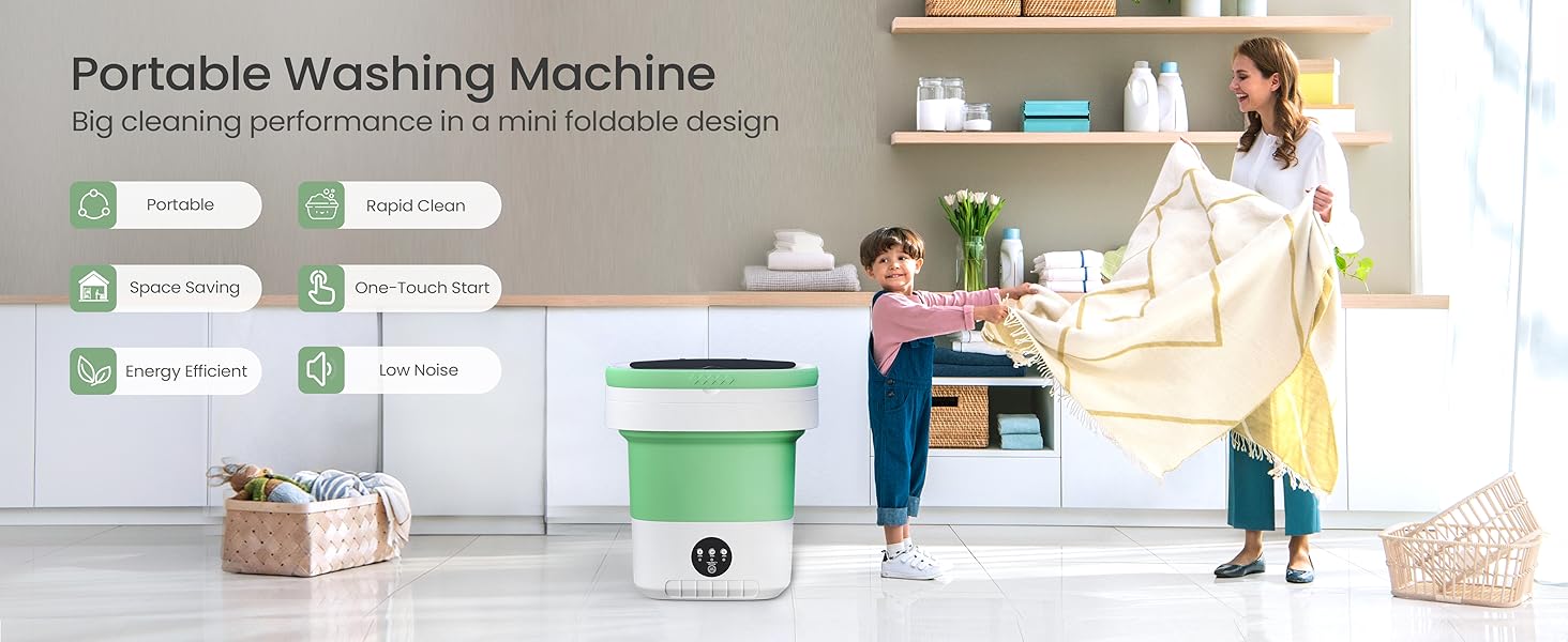 Portable Washing Machine - 16L Mini Foldable Washer with Spin Basket, 3 Cleaning Modes & Deep Cleaning for Small Clothes, Collapsible Laundry for Apartment, Home, Hotel and Travel (Green)