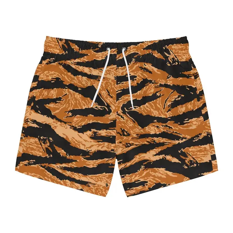 Men's Vietnam Tiger Stripe Orange Camo Jorts - Quick Dry Beach Wear, Military All Over Print Swim Trunks, Multi-Size S-5XL, Veteran Novelty Apparel, Tropical Vacation Outfit, Pool Party