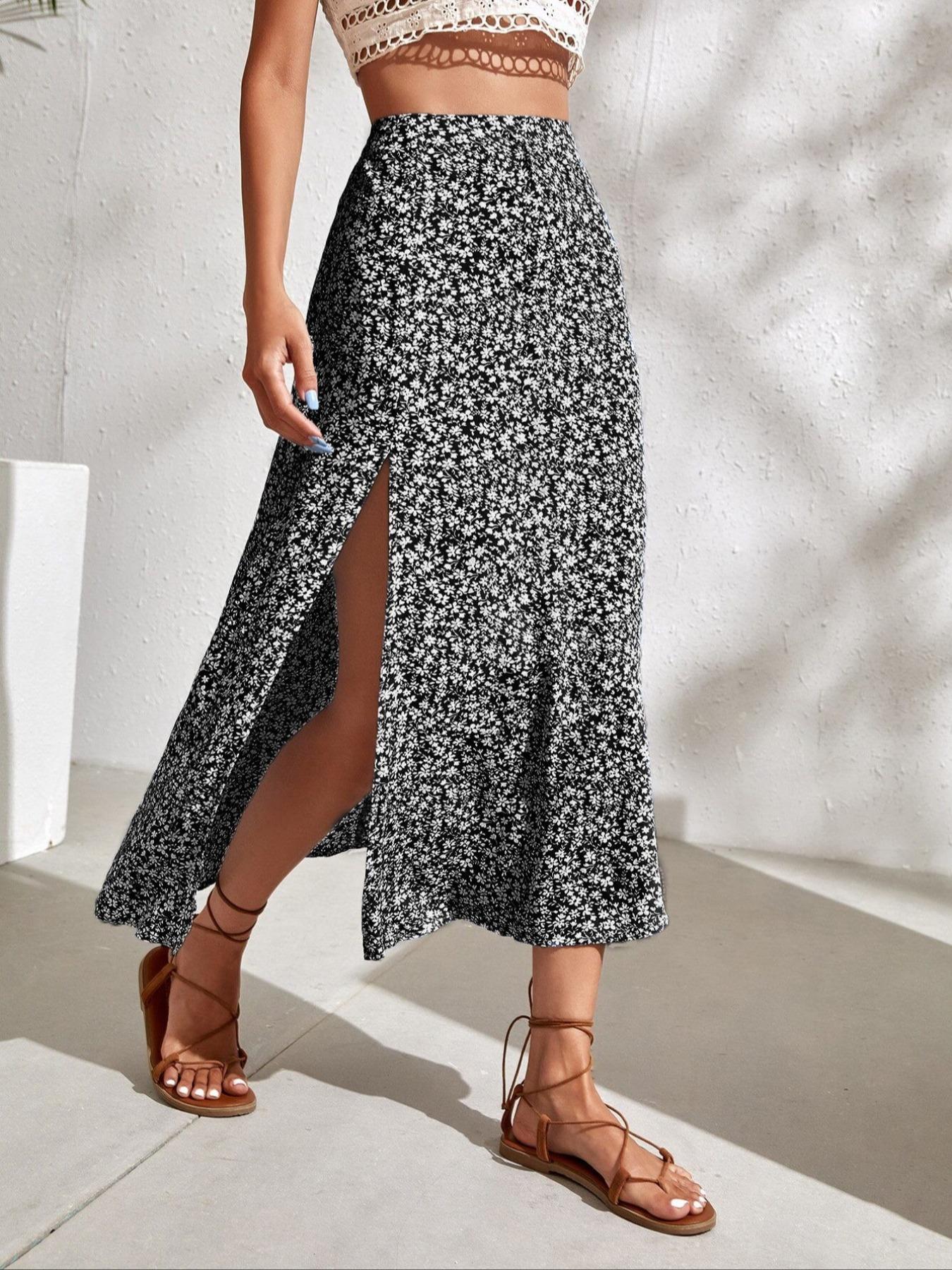 Women's Ditsy Floral Print Split Thigh A Line Skirt, Boho Bohemian Casual High Waist Midi Skirt for Beach Holiday Vacation, Summer Outfits 2024, Ladies Summer Clothes, Womenswear Bottom Women's Ditsy Floral Print Split Thigh A Line Skirt, Boho Bohemian Casual High Waist Midi Skirt for Beach Holiday Vacation, Summer Outfits 2024, Ladies Summer Clothes, Womenswear Bottom