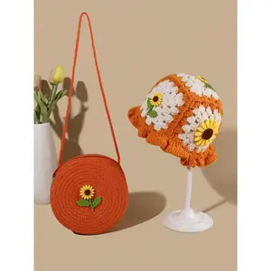 Crochet Flower Hat and Bag Set for Women - Trendy Handmade Knitted Matching Set, Aesthetic Summer Beach Fashion Accessories for Girls, Cute Gift
