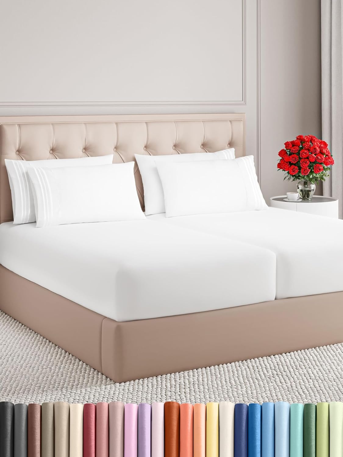 Split King 7 Sheet -  Cooling - Ultra-/ 8-16 Inch Deep Pockets - 1 Flat  2 Sheet  4 Pillowcases - Wrinkle Free  Easy Care - White