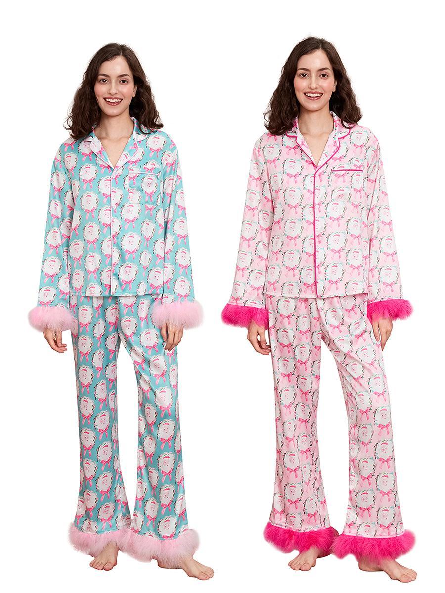 Women Christmas Pajamas Sets Satin Santa Claus/Bow Print Long Sleeve Feather Trim Button Shirts Pants Sleepwear Loungewear
