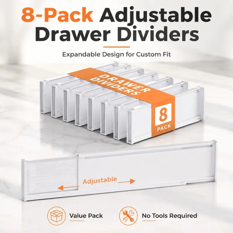 8-Pack Adjustable Drawer Dividers, tool-free installation and stretchable design for flexible space arrangement. Suitable for drawers in wardrobes, kitchens and bathrooms to keep items well organized.