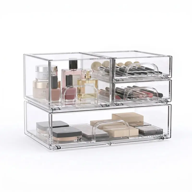 Clear Stackable Acrylic Makeup Organizer Storage Drawers, Large Capacity Cosmetic Organizer for Vanity Countertop, Multi Compartment Skincare Display Case for Makeup Brushes, Perfume, Foundation & Eyeshadow