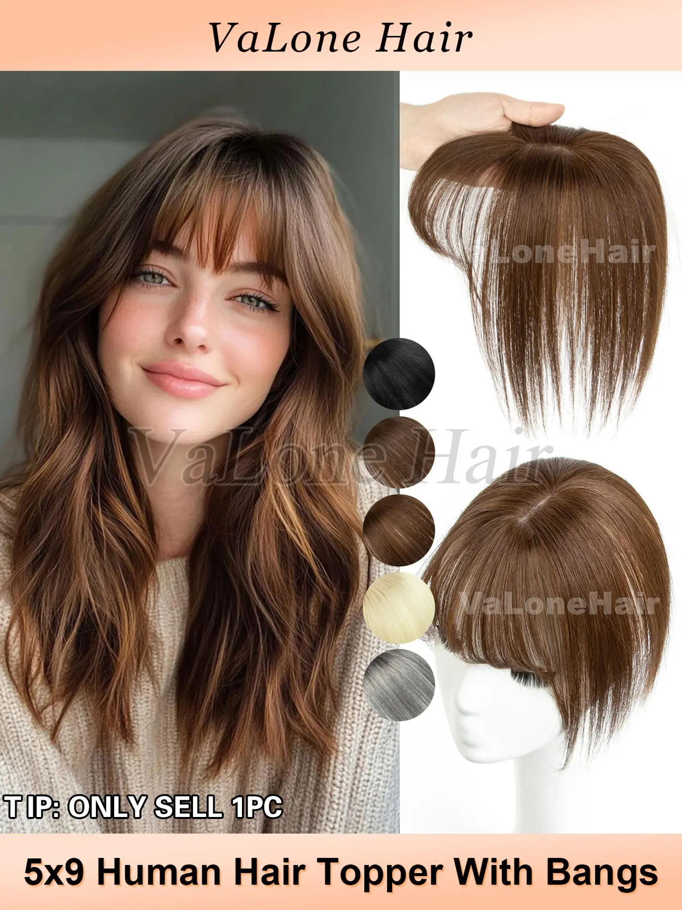 5X9 Real Human Hair Topper Wigs with bang for women, Stright hair, Increase hair volume & Covering white hair, Enhance temperament, Suitable for various occasions