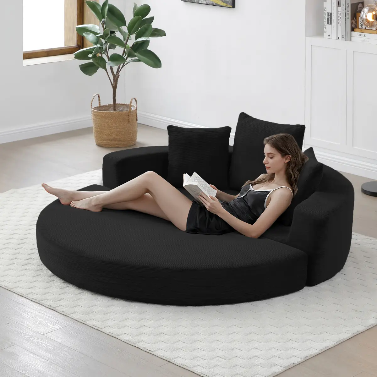 67" Round Convertible Folding Sofa Bed, Boneless Couch Loveseat, Floor Sleeper Chaise Lounge for Living Room, Apartment, Dorm, Small Spaces, Black