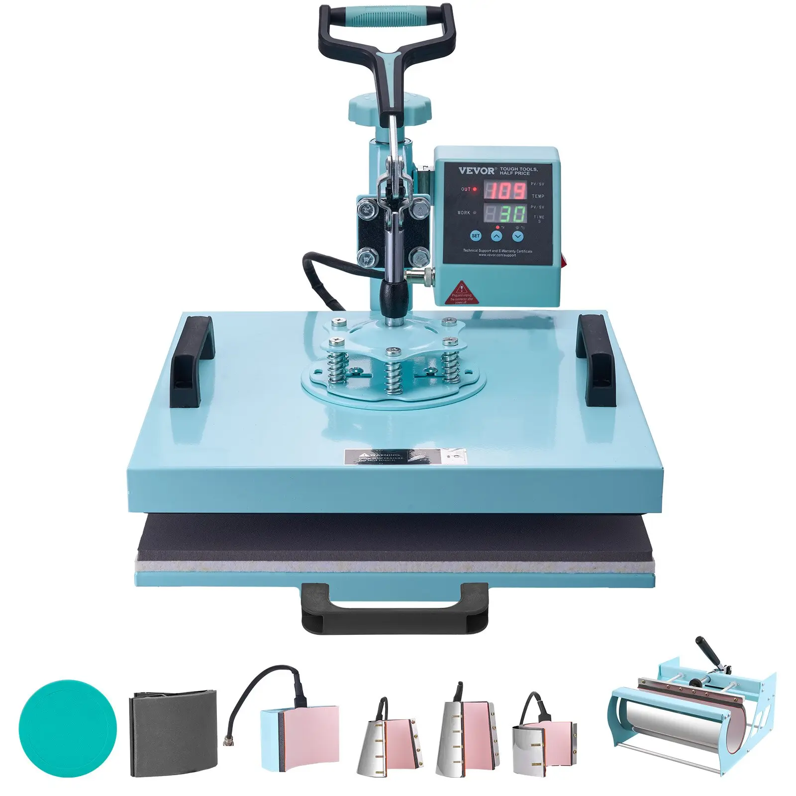 VEVOR Heat Press Machine, 15x 15 inch, 8 in 1 Heat Transfer Machine with 6-30 oz Tumbler Press, 360 Swing Away T-Shirt Pressing, Digital Precise Control, for T-Shirts/Mugs/Hats/Plates, Green