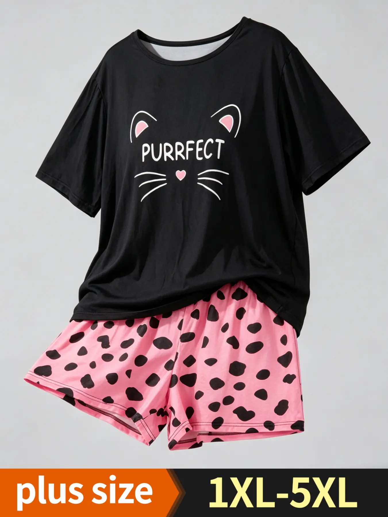 Summer Women's Plus Size Pajama Nightwear Set 1xl-5xl, Soft Comfortable Loose Fit Short Sleeve Shorts, Heart Pattern, Casual Home Wear