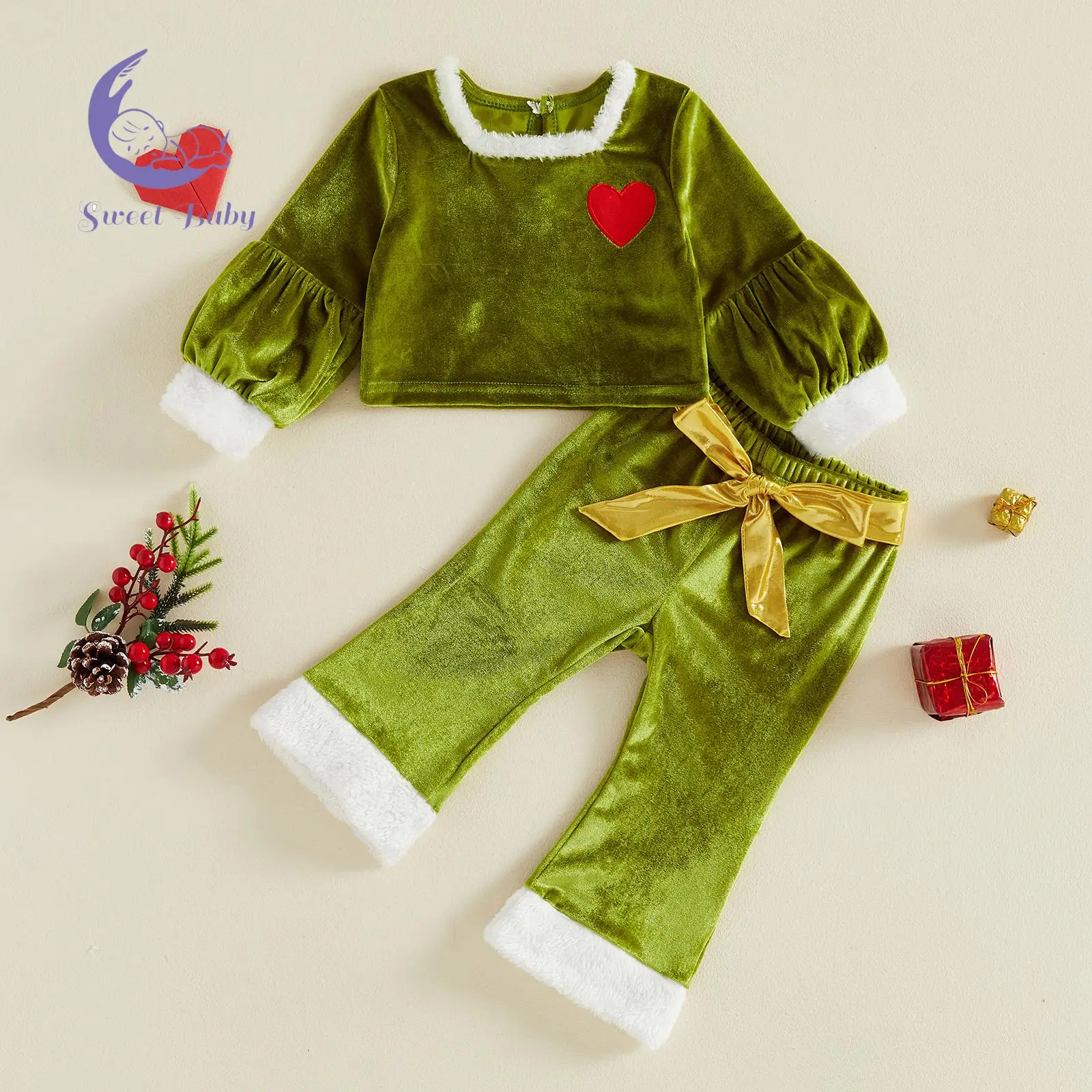 Girls Christmas Outfit Embroidery Heart T-shirt with Furry Trim Pants Belt