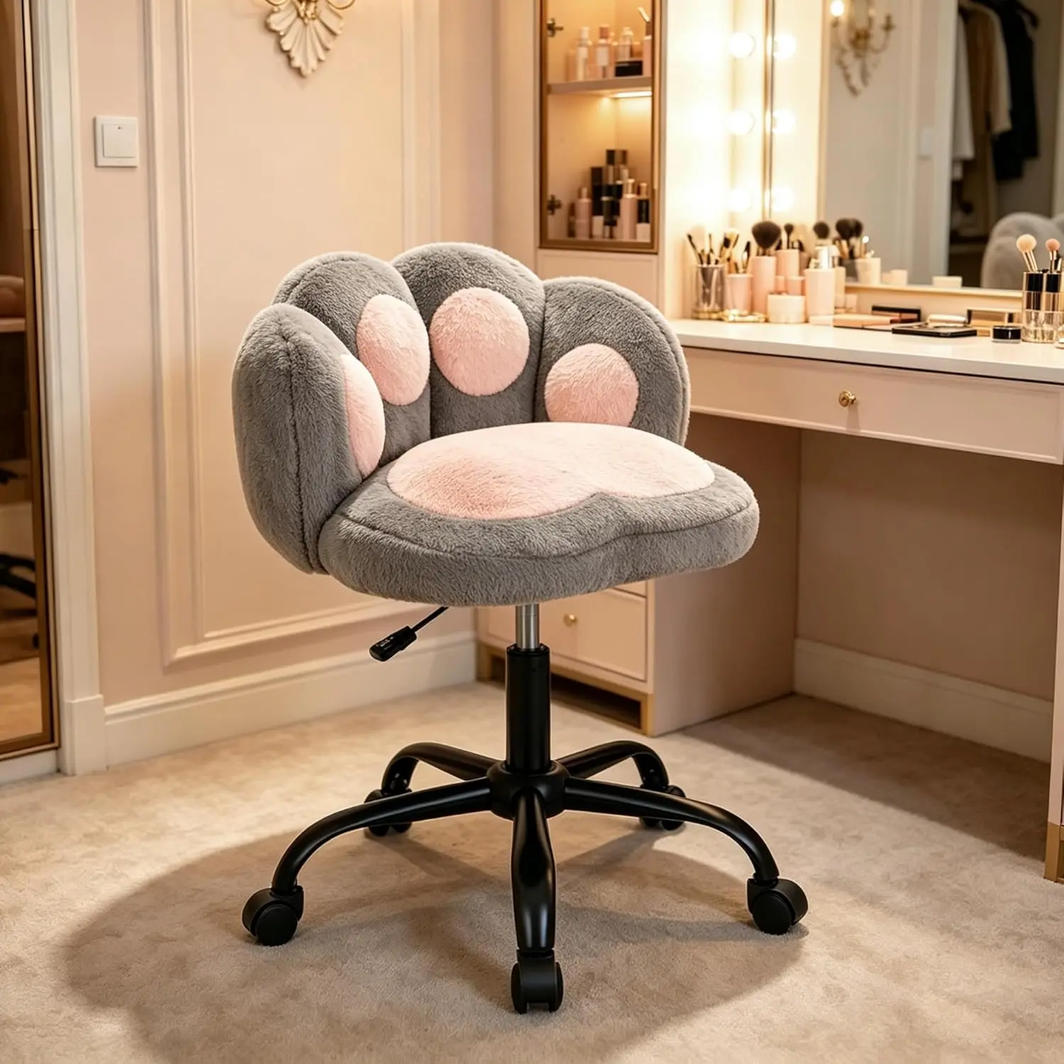 Cat Paw Swivel Accent Chair – Armless Vanity Desk Chair with Adjustable Height, Stuffed Fleece Upholstery, Silent Casters – Ideal for Kids Room, Bedroom, Office, Vanity