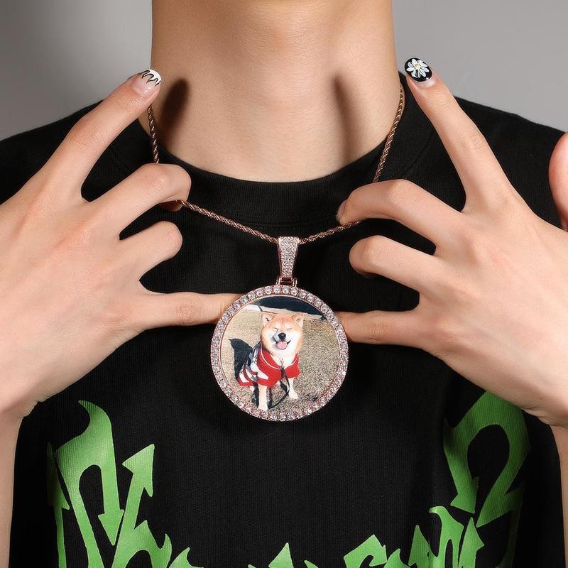 [ICE HUE]18K Gold Vacuum Plated Copper with 5A+ Sri Lanka Zircon DIY Custom Memory Round Colorful Photo Pendant With Necklace Miami Italy Mexico & Micro Inspired for Women & Men Jewelry,Daily Wear,Casual Fashion,Gift Idea,,Classic,Hip Hop,Simple