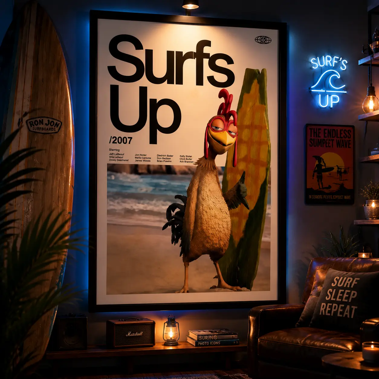 Surfs Up  Canvas Wall Art Poster,Funny Surf Movie Poster Print, Retro Beach Cartoon Artwork, Ocean Theme Wall Decor, Framed & Unframed Canvas Print for Bedroom, Living Room, Gaming Room, Office Decor Gift