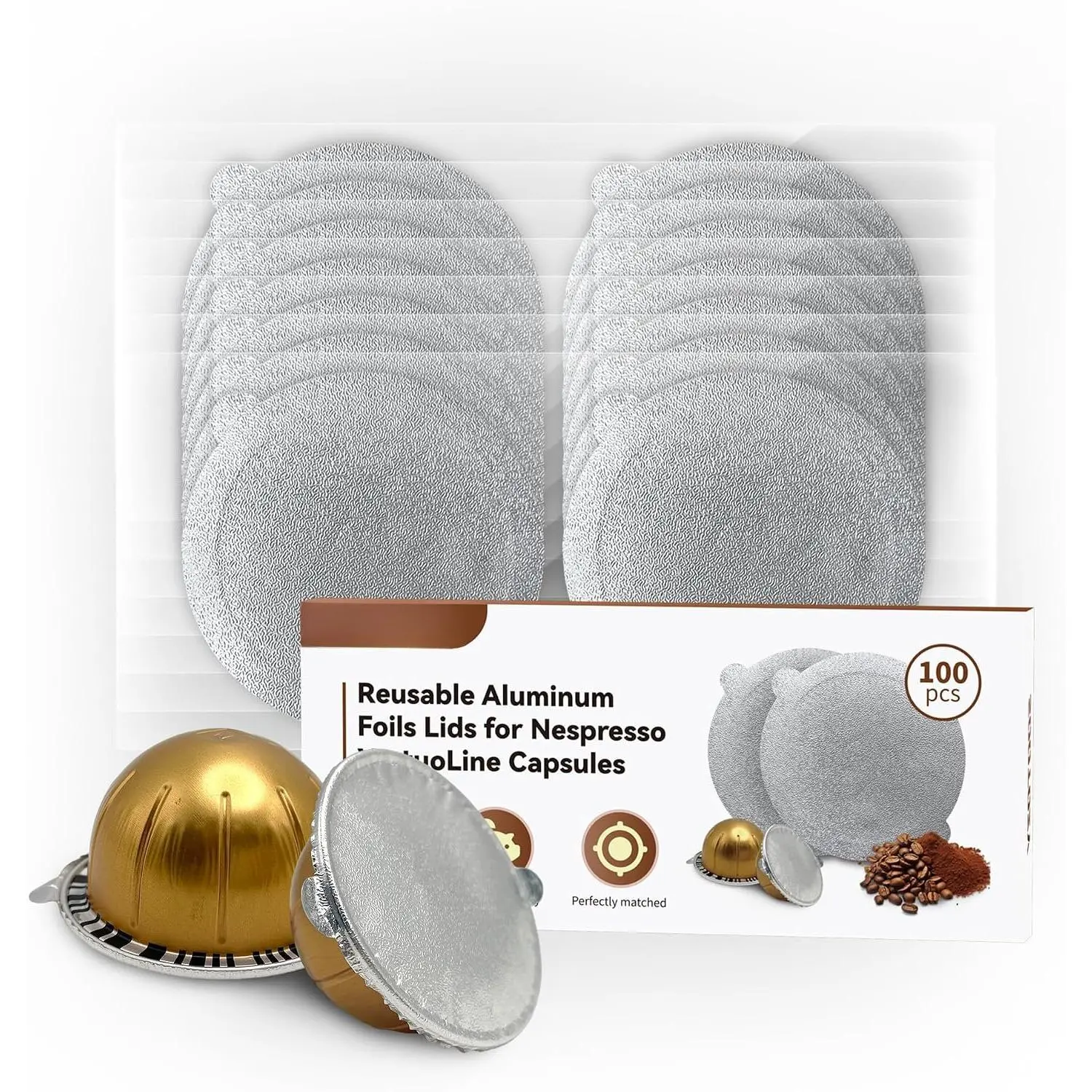 100 Pieces Aluminum Foil Lids for VertuoLine Capsules - Refillable Seals That Prevent Spills, Compatible with VertuoPlus Espresso Machine (Pods Not Included), Prevents Spills