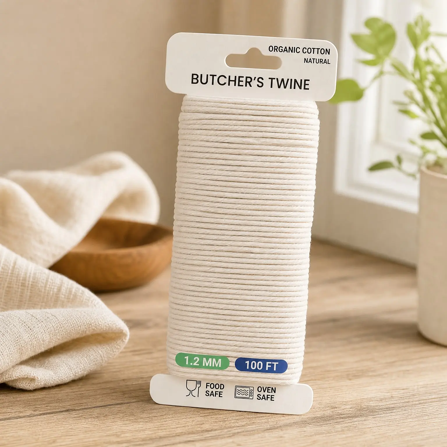Organic Butcher's Twine 100 Feet – 1.2mm Heavy Duty Natural Cotton Kitchen String, Food-Safe & Oven-Safe for Cooking, Trussing Meat, Turkey, Baking, BBQ & CraftsGift