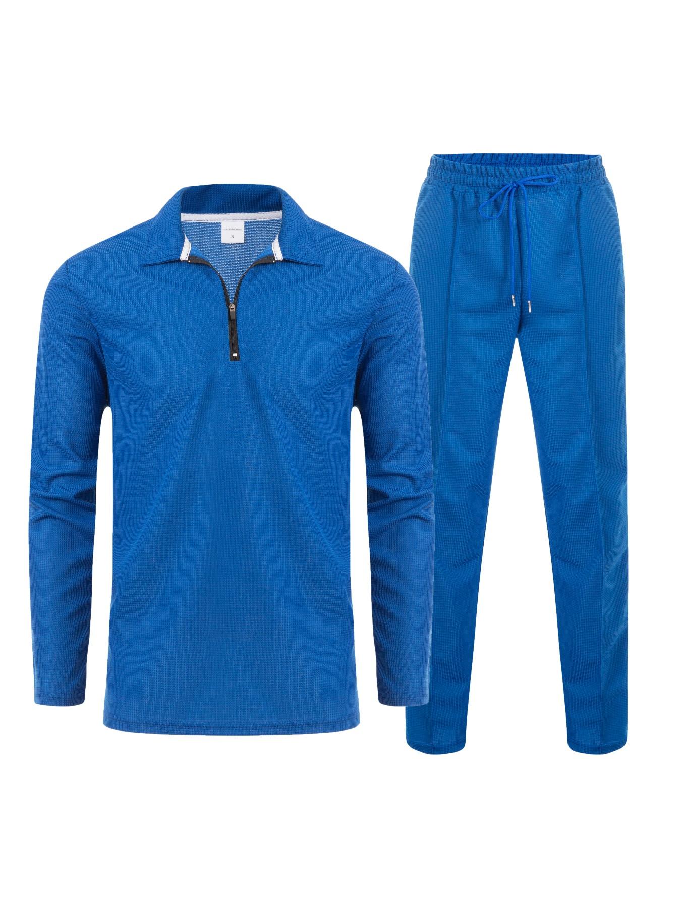 Men's Solid Half Zipper Collared Polo Shirt & Drawstring Pants Set, Casual Textured Long Sleeve Top & Trousers for Spring & Fall, Men's Two-Piece Outfits
