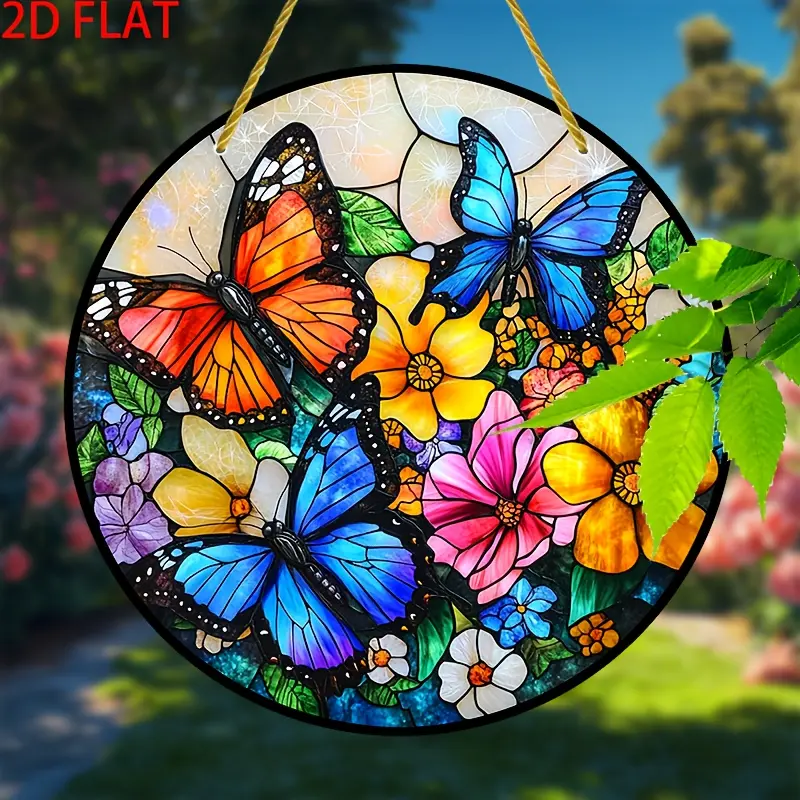 Hand-Painted Stained Glass Style Floral Butterfly Acrylic Round Suncatcher - Easy-Install, Hangable, Chain-Included No-Electricity Home Decor for Bedroom, Kitchen, Window/Balcony Wall Hanging, Sunshine-Light Gift for Nature-Loving Women