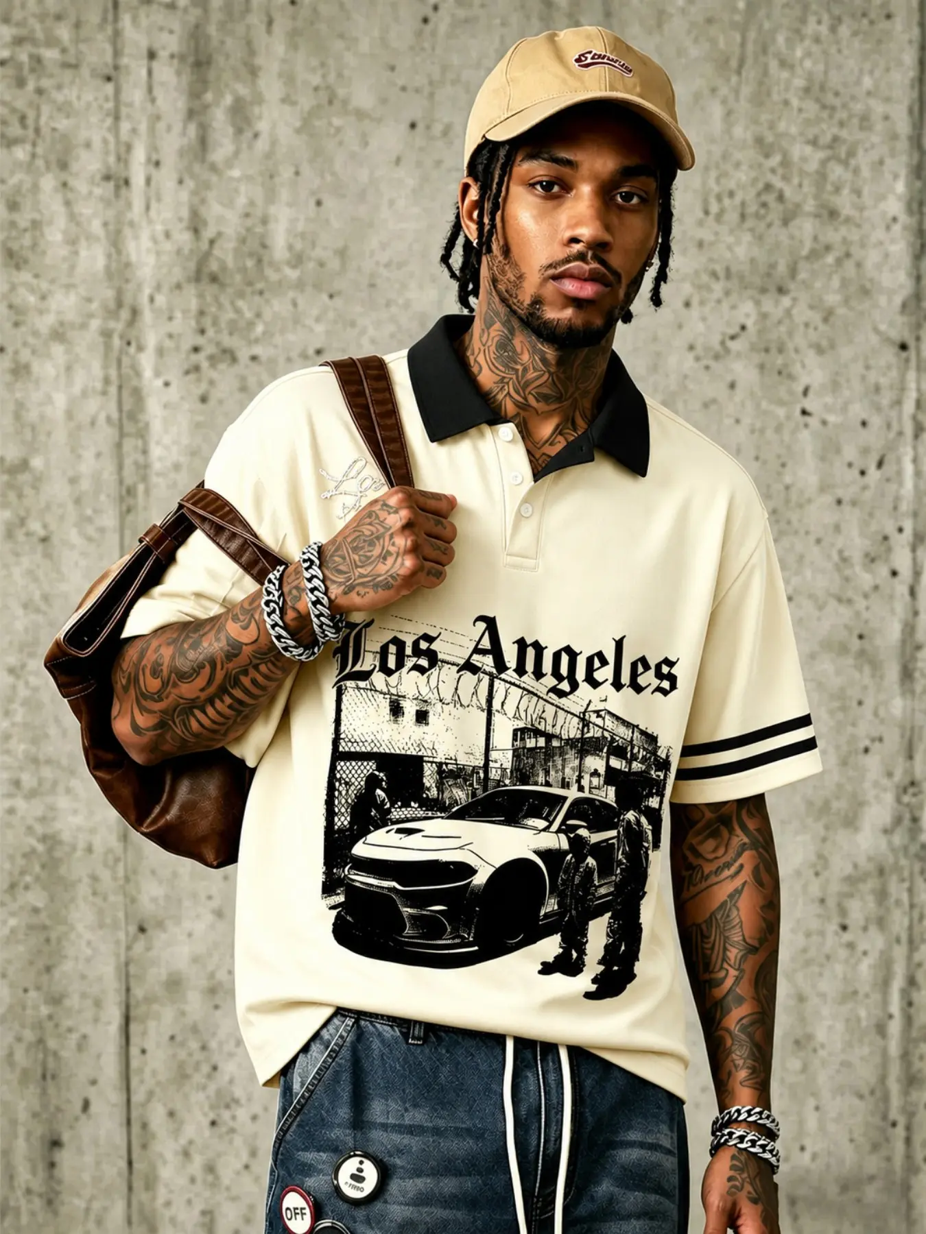 Men's Oversized Graphic Polo Shirt Vintage Streetwear Aesthetic Los Angeles Car Print Short Sleeve Contrast Collar Loose Casual Hip Hop Tee for Daily Outfits