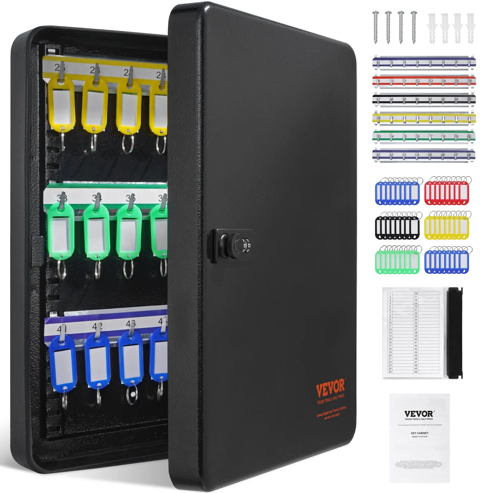 【toolupgrade】VEVOR Steel Housing Key Management Cabinet, 48-Key Combination Lock Digital Storage Box with Adjustable Rack, 48 Colorful Tags, Record Card, Ideal for School/Hotel