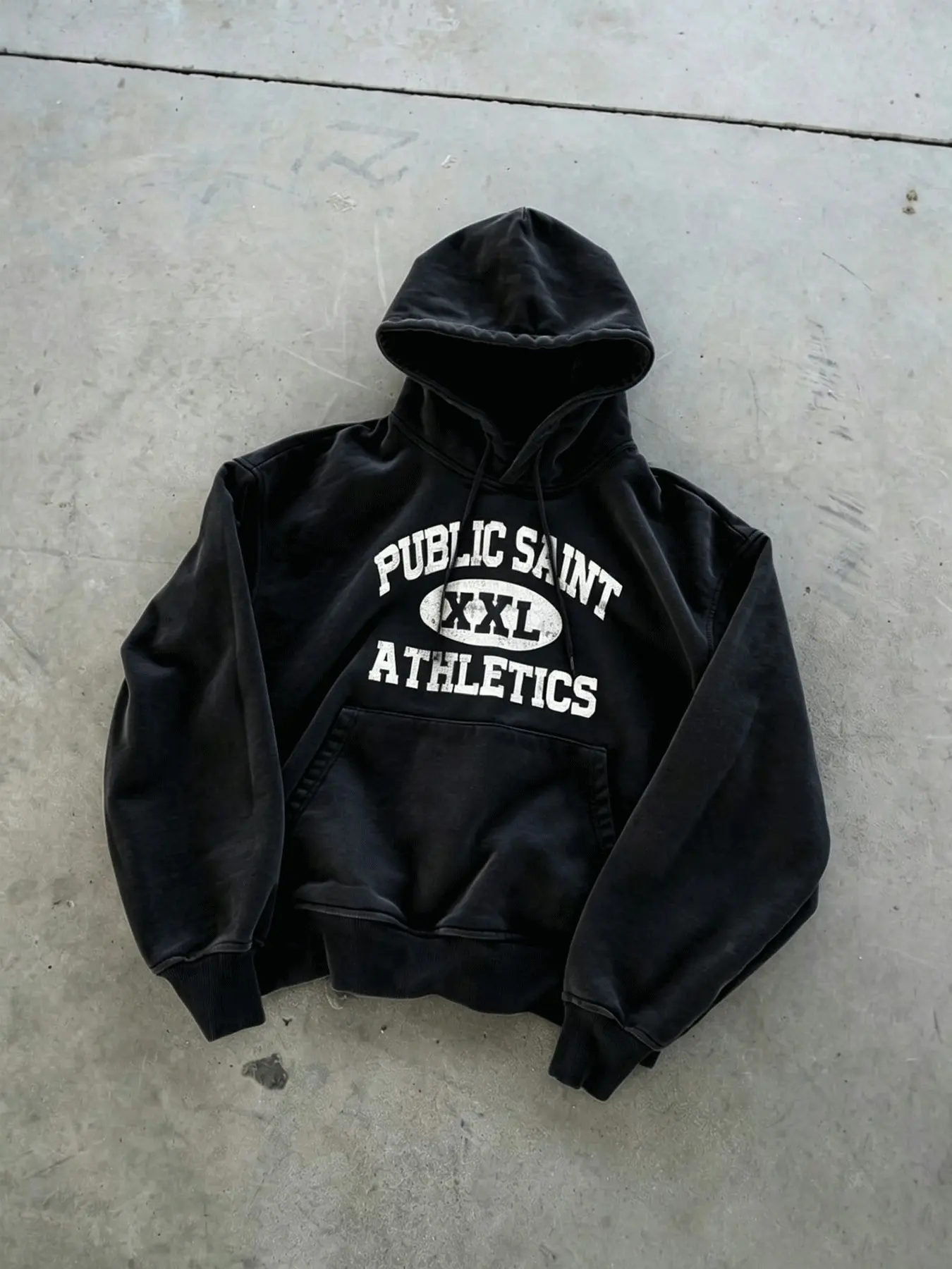 Men Vintage Acid Washed Hoodie Sweatshirt, Cropped Oversized Drop Shoulder PUBLIC SAINT XXL ATHLETICS Distressed Letter Print Retro Streetwear Pullover Hoodie