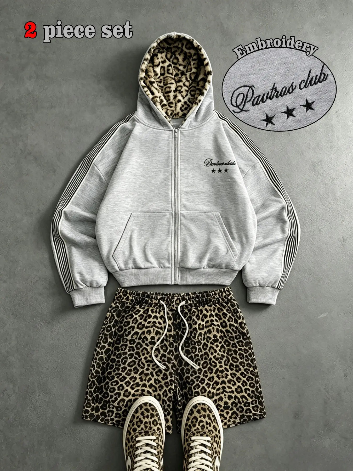 Unisex Two-Piece Set, Striped Zipper Hoodie + Leopard Print Drawstring Shorts, Letter Star Embroidery Sweatshirt, Casual Streetwear