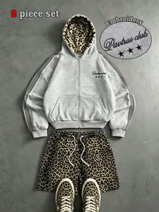 Unisex Two-Piece Set, Striped Zipper Hoodie + Leopard Print Drawstring Shorts, Letter Star Embroidery Sweatshirt, Casual Streetwear