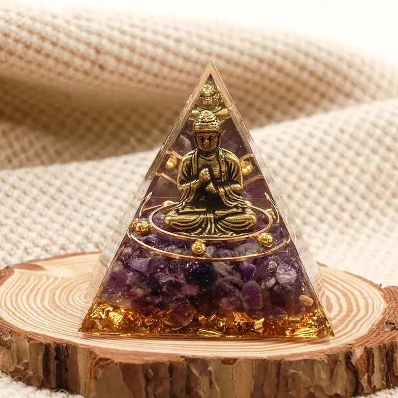 Buddha Orgone Pyramid, Meditating Buddha Statue Resin Orgonite Pyramid, Natural Crushed Crystal Chip Desk Ornament, Handmade Zen Energy Healing Figurine, Home Office Tabletop Decor, Spiritual Yoga Gift