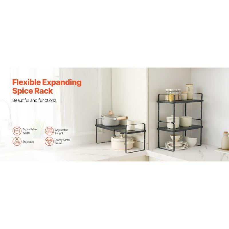 VEVOR Adjustable Kitchen Cabinet Shelf Organizer, Expandable 2 Tier Cabinet Shelf, Stackable Countertop Organizers and Storage Shelf Risers, Pantry Organizers for Kitchen Bathroom Office, Black