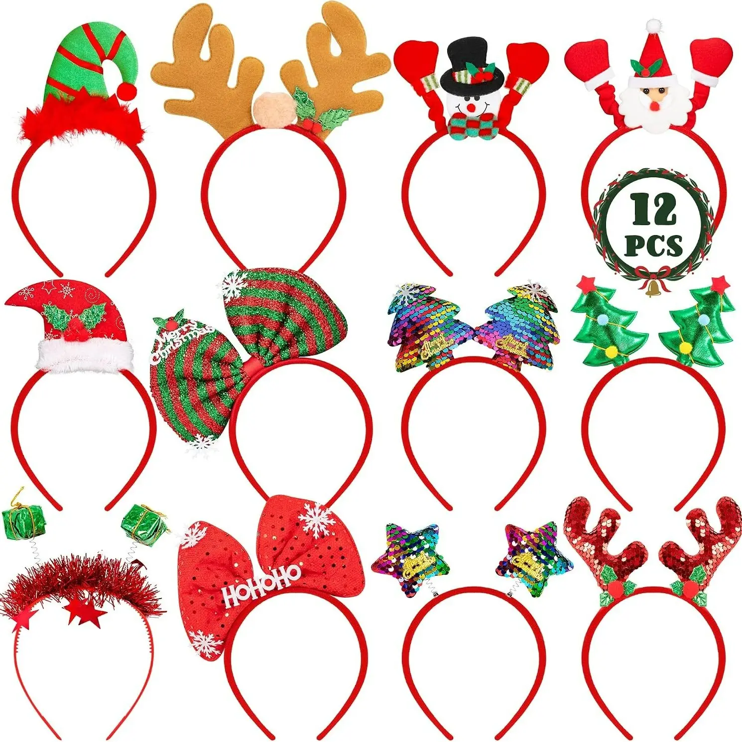 12 Piece Christmas Headbands Set, Cute Santa Hat, Tree Snowman Reindeer Antler Accessories, Perfect for Party Gifts, Holiday Decorations